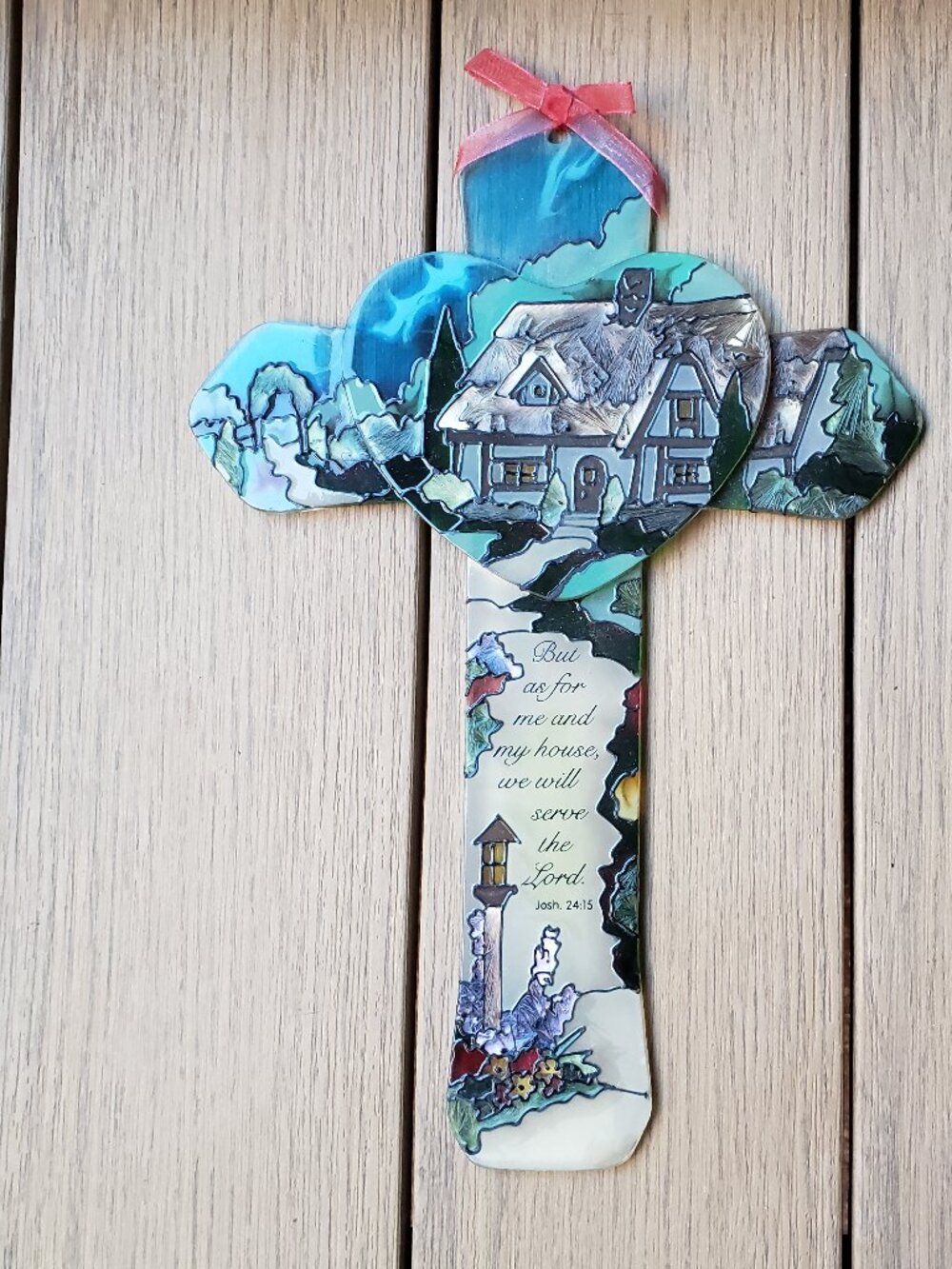 EUC JOAN BAKER DESIGNS collage hand-painted stained glass cross (OS)